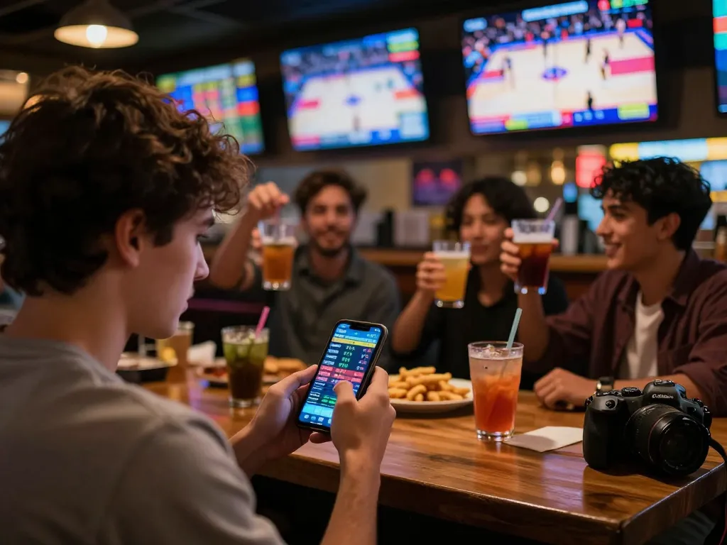 VUA88 betting excitement at a sports bar with screens showcasing live odds and friends celebrating wins.