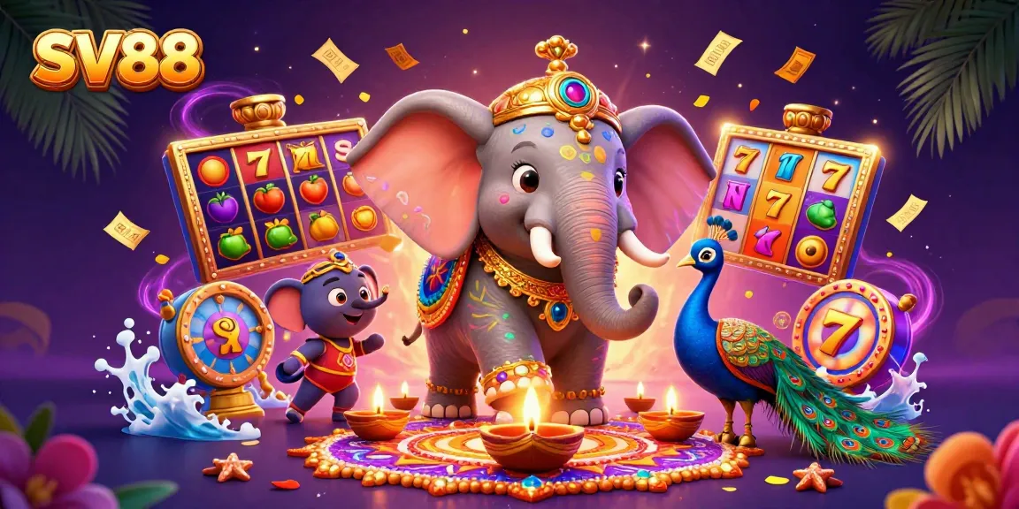 SV88 brings excitement with a vibrant 3D scene showcasing a cartoon elephant and peacock surrounded by slot reels.