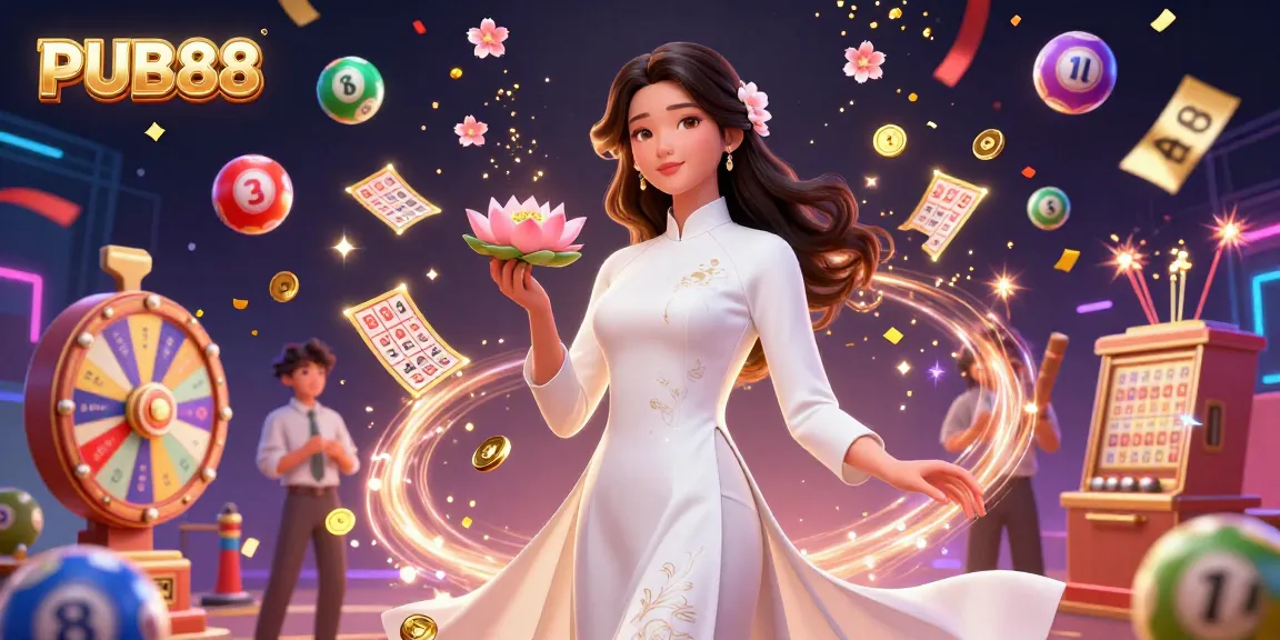 PUB88 showcases a vibrant 3D casino scene with an elegant woman celebrating with gaming elements like colorful lottery balls and a prize wheel.