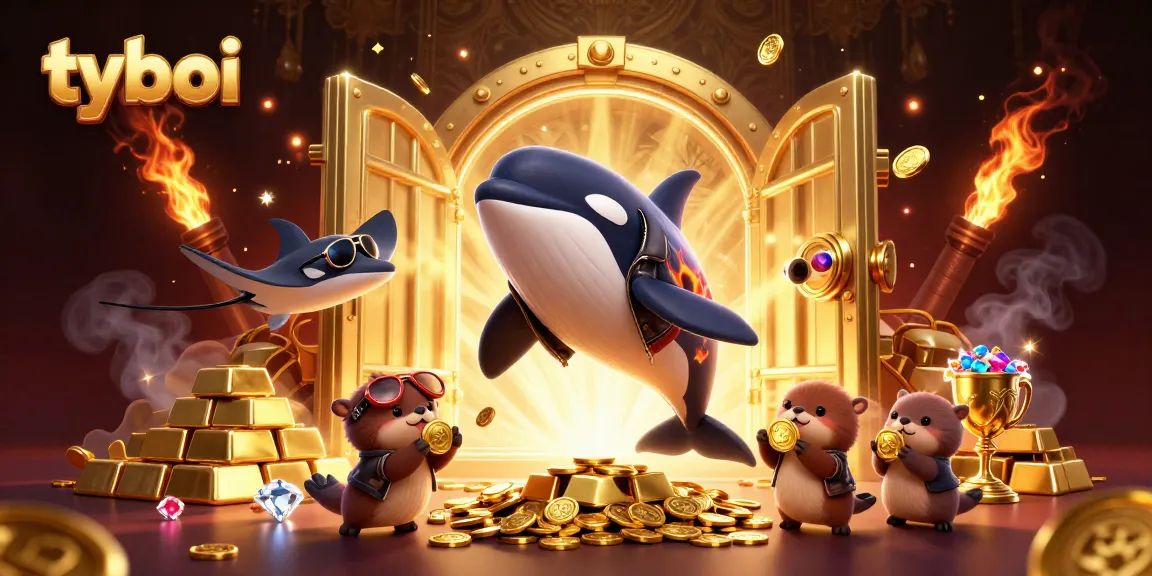 Engage in thrilling tyboi gaming with a vibrant scene featuring characters and rich treasures.