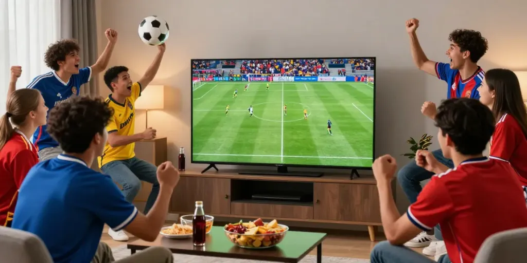 Enthusiastic fans watching gà vàng tv football match together in a vibrant living room.
