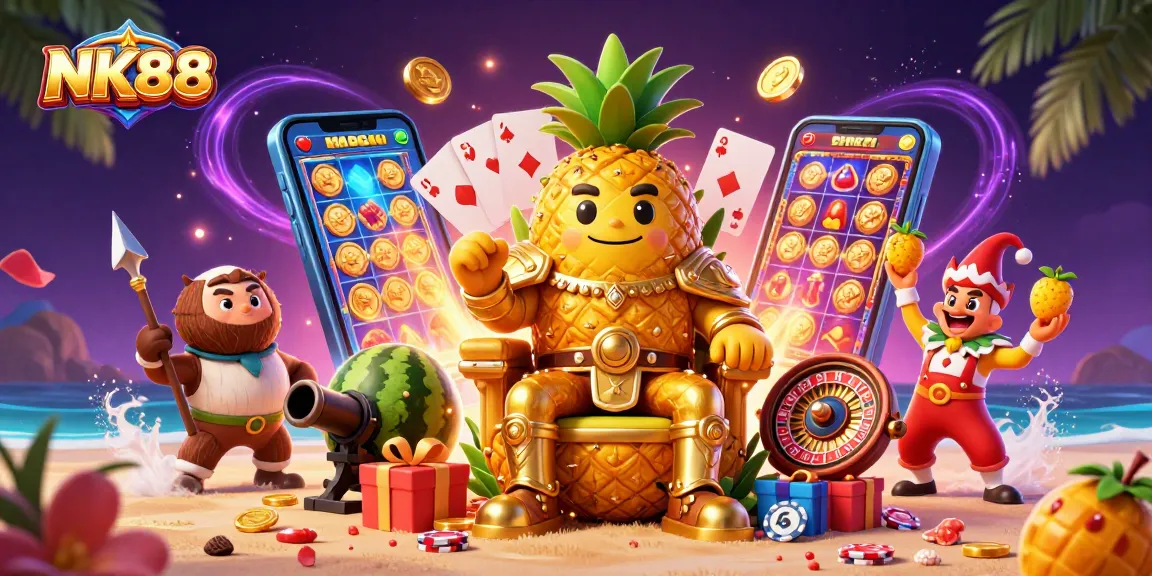 Play with NK88's engaging characters in this vibrant 3D casino scene filled with action and fun.
