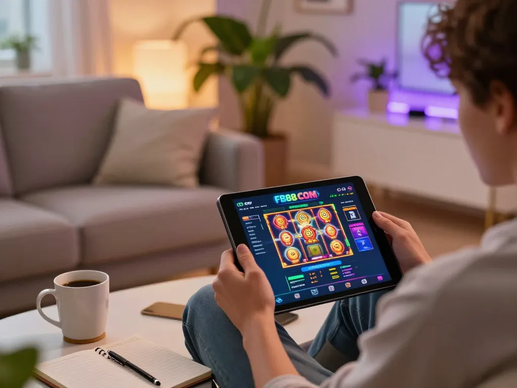Engaged in online gambling at FB88 COM on a tablet, highlighting a vibrant home gaming environment