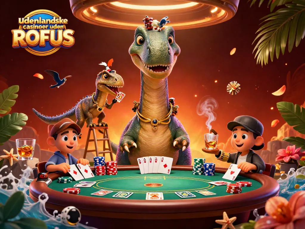 Engage with udenlandske casinoer uden ROFUS featuring a fun poker scene with vibrant dinosaurs.