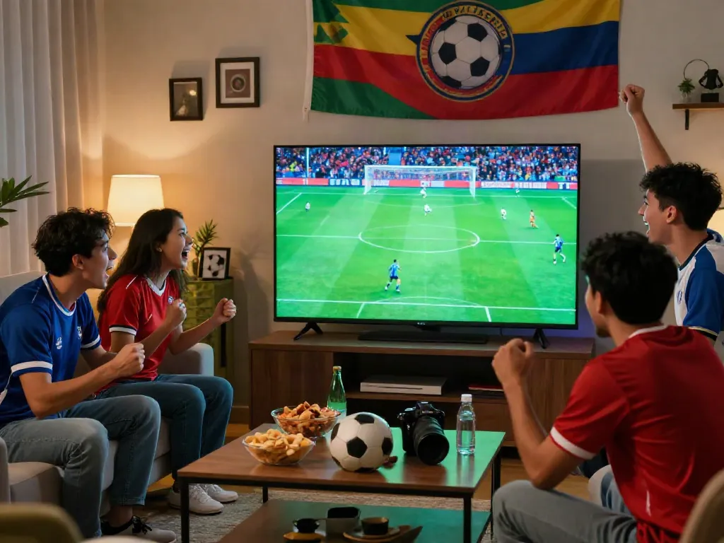 Cà Khịa TV football enthusiasts cheering in a cozy living room during a live match.