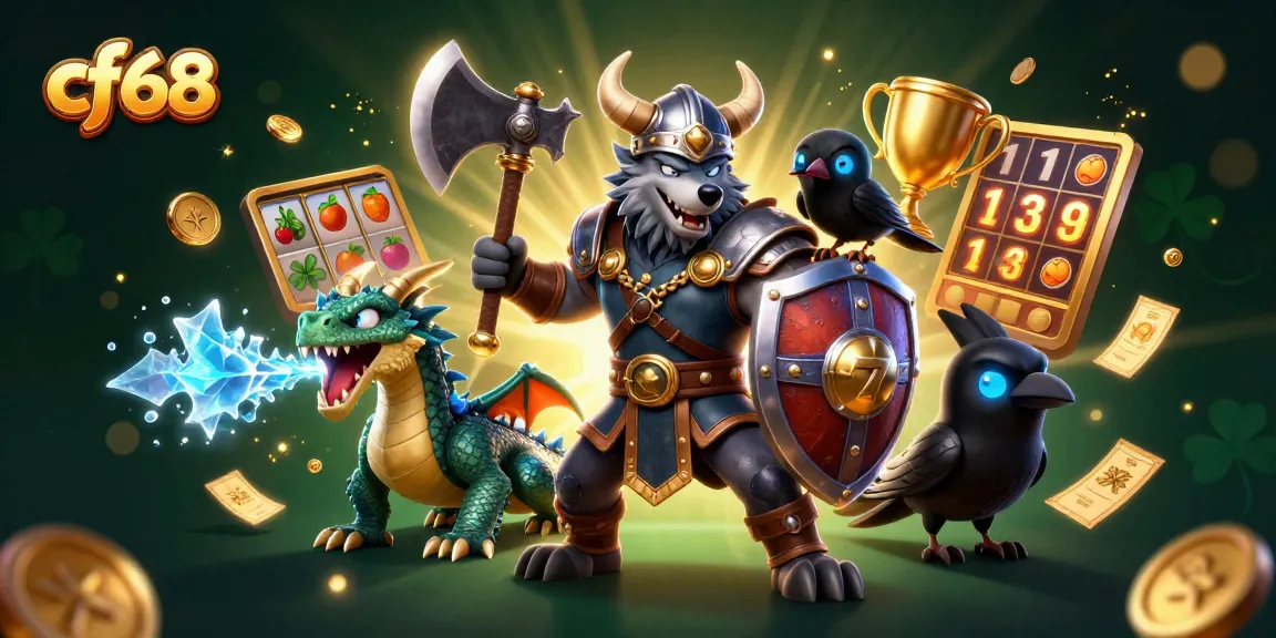 cf68 features thrilling slot gameplay with a Viking warrior and dragon in a vibrant casino scene.