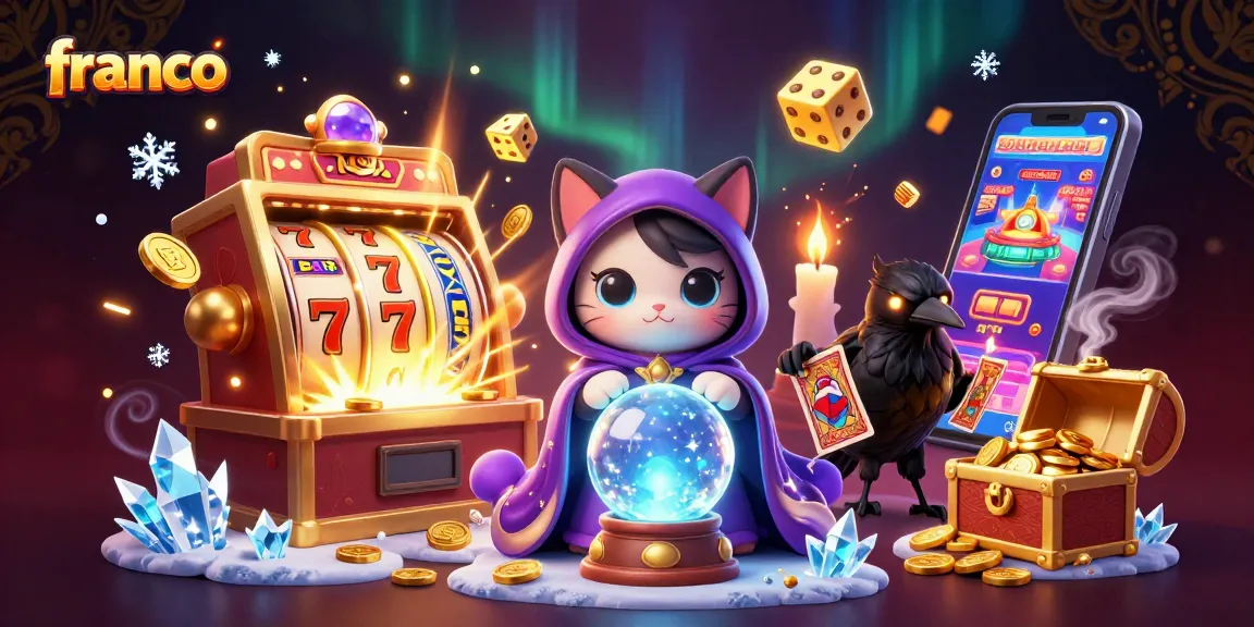Experience the magic of Franco with a 3D casino scene of a fortune teller cat and slot machines.