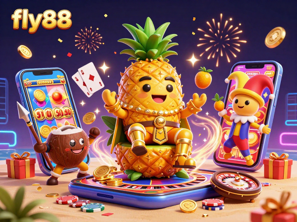 Engage with fly88's dynamic gaming experience through a vibrant 3D illustration featuring a pineapple king and fun casino elements.