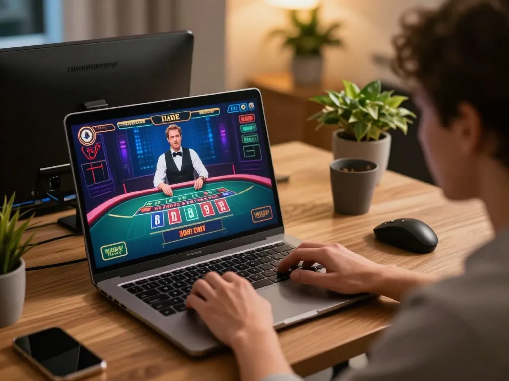 VA88 player engaging in strategic blackjack on laptop at home gaming setup