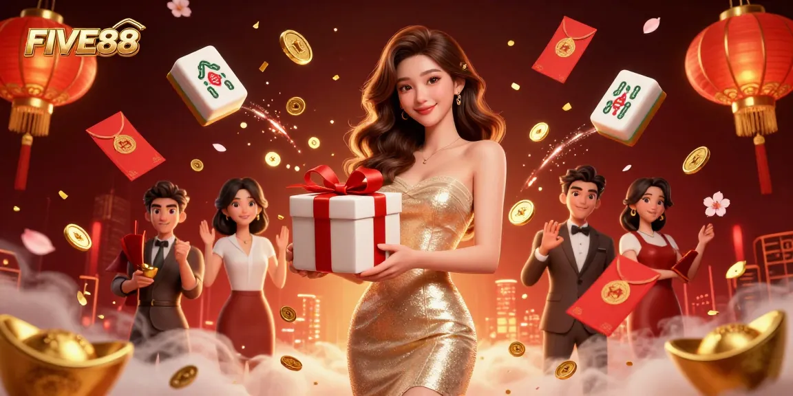 Exciting gambling experience at FIVE88 with festive elements and golden coins