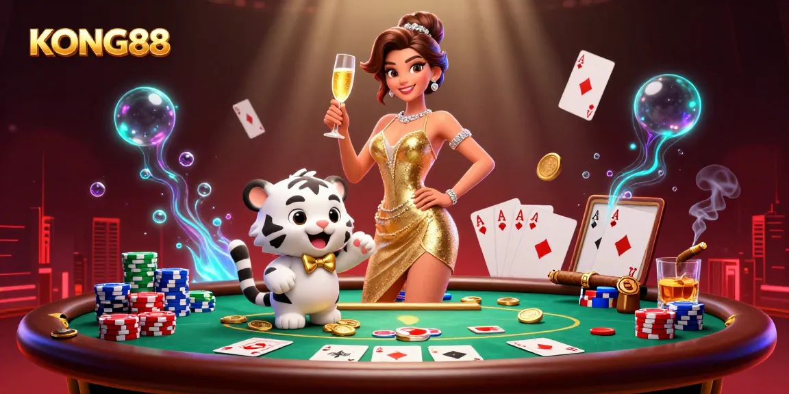 KONG88 enhances your casino experience with glamorous scenes filled with poker chips and vibrant characters.