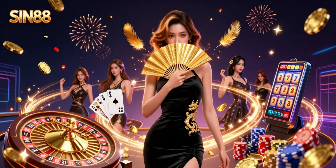 SIN88 showcases thrilling casino excitement with a captivating Asian woman amid vibrant gaming elements.