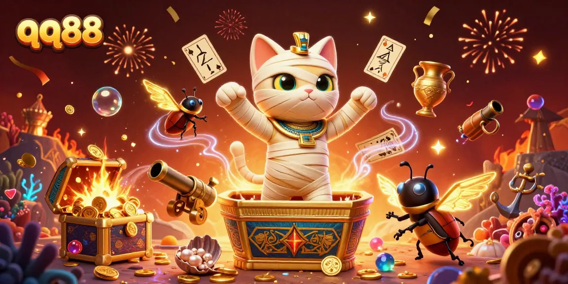 Interactive gaming fun featuring qq88 mummy cat and treasures in a stylish pyramid casino.