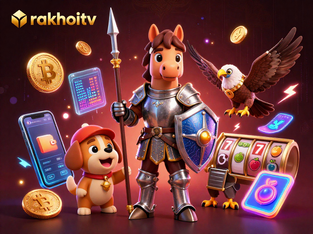 Engage in thrilling casino action with rakhoitv's cartoon knight, puppy, and falcon surrounded by dynamic slot game elements.