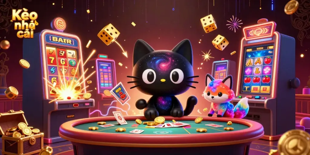 Engage with Kèo nhà cái by betting in a vibrant cosmic casino scene featuring a black hole cat and colorful fox.