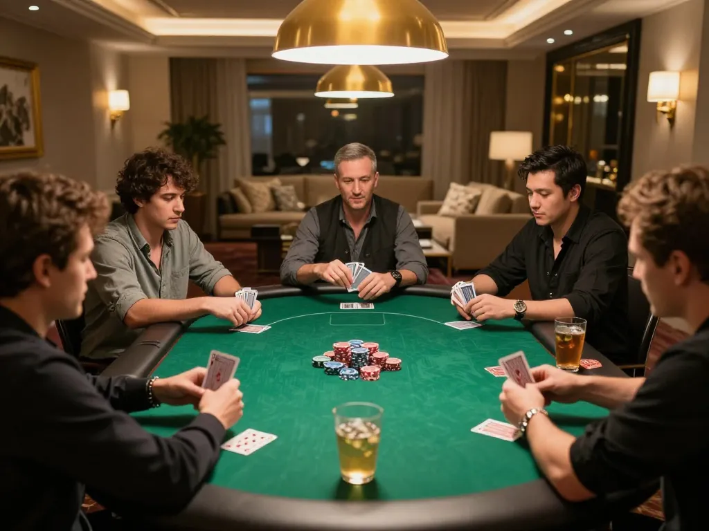 Engaging in strategic poker gameplay at home with friends while enjoying 11bet stakes.