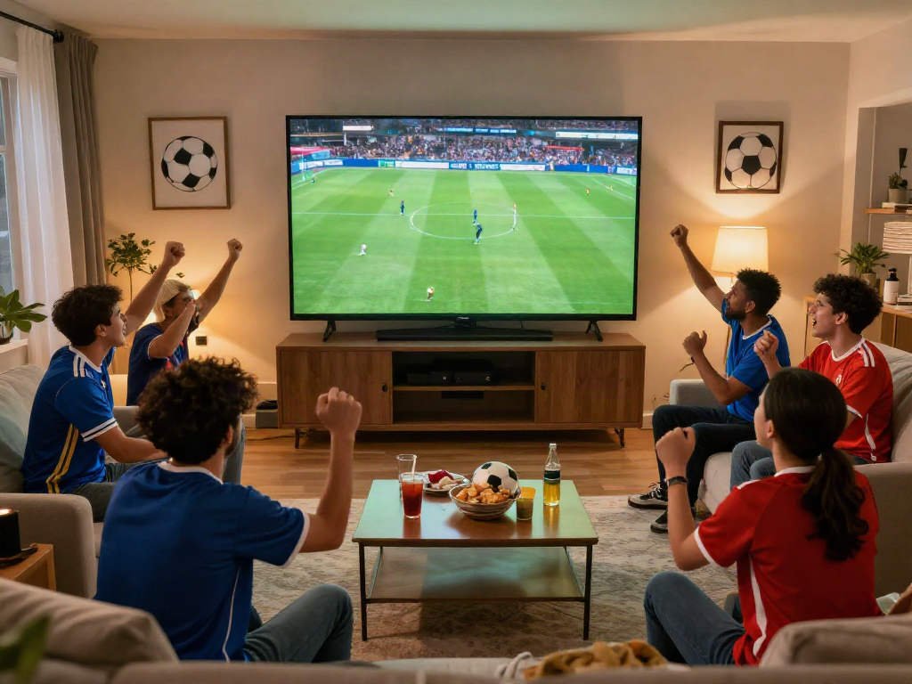 Fans enjoying a live football match at home, showcasing the excitement of xôi lạc tv experience.