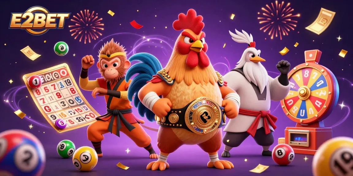 E2BET showcases dynamic betting with lively characters and lively game elements in a colorful, festive scene.