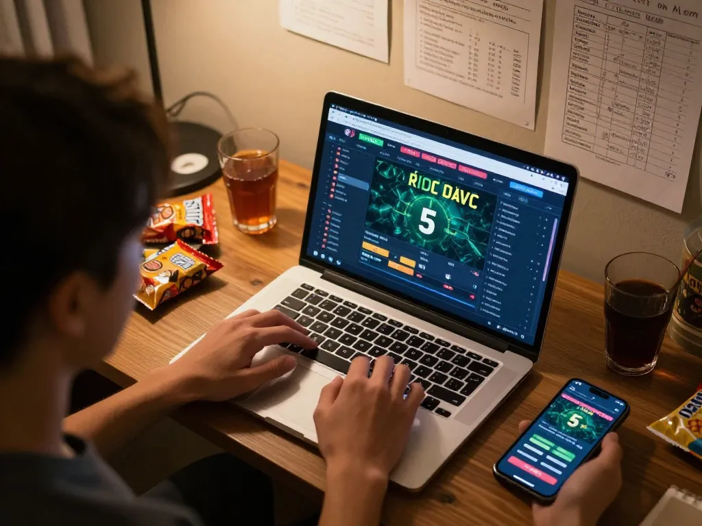 Person engaging with kèo nhà cái 5 interface on laptop, illustrating online sports betting strategy.