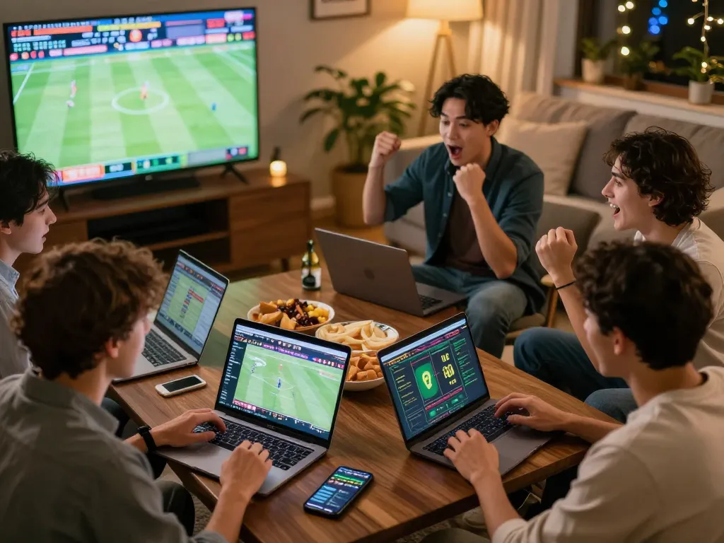 Friends engaging in sports betting using keonhacai22 for live odds online