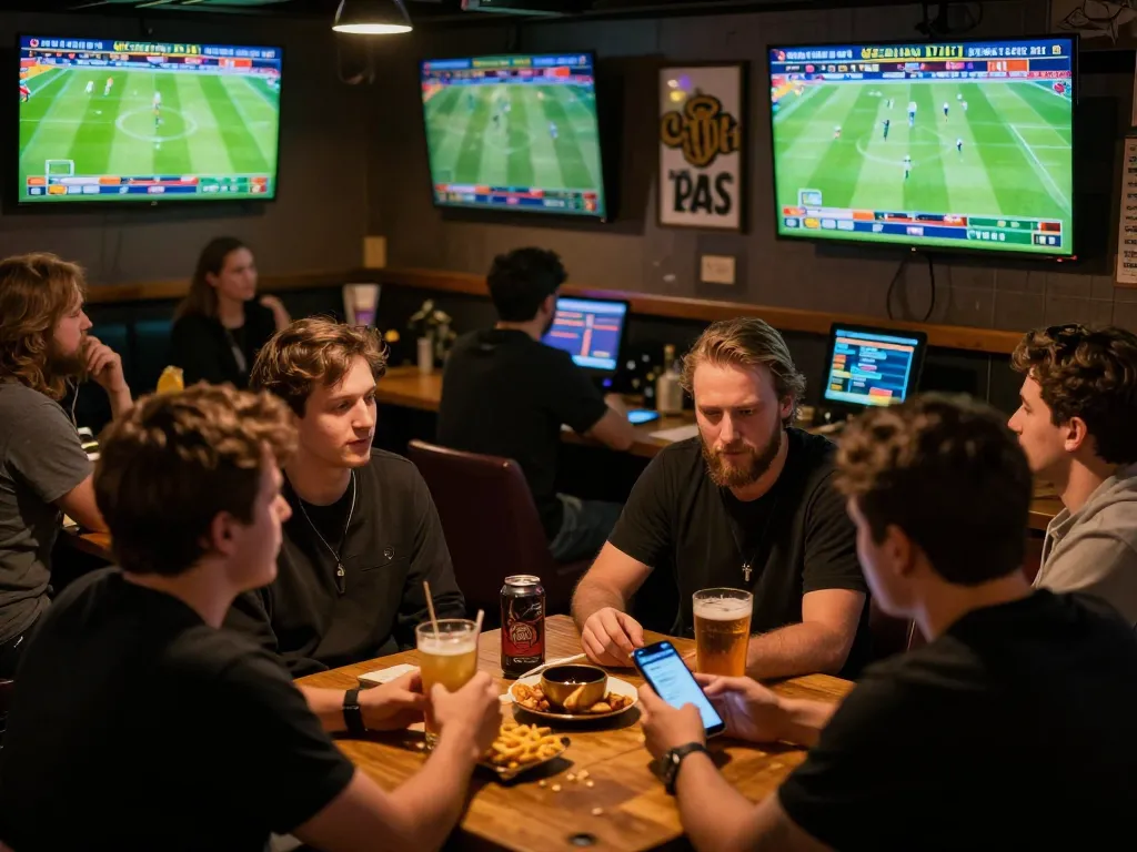 Socolive xem bong da in action as fans place bets on live matches using mobile apps in a lively bar