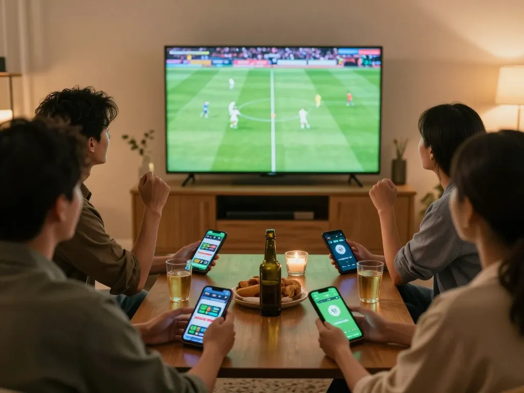Socolive xem bong da features friends engaged in a lively sports betting session, enjoying a live match atmosphere