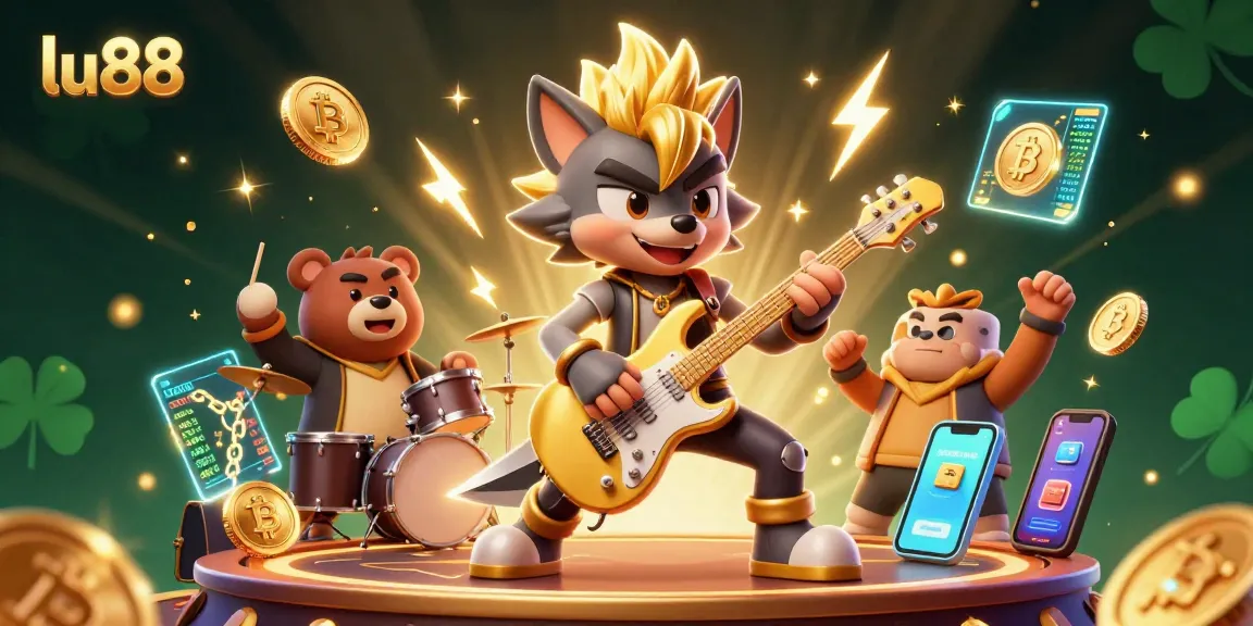 Experience thrilling slots at lu88 with a vibrant 3D illustration showcasing rock star characters and crypto elements.