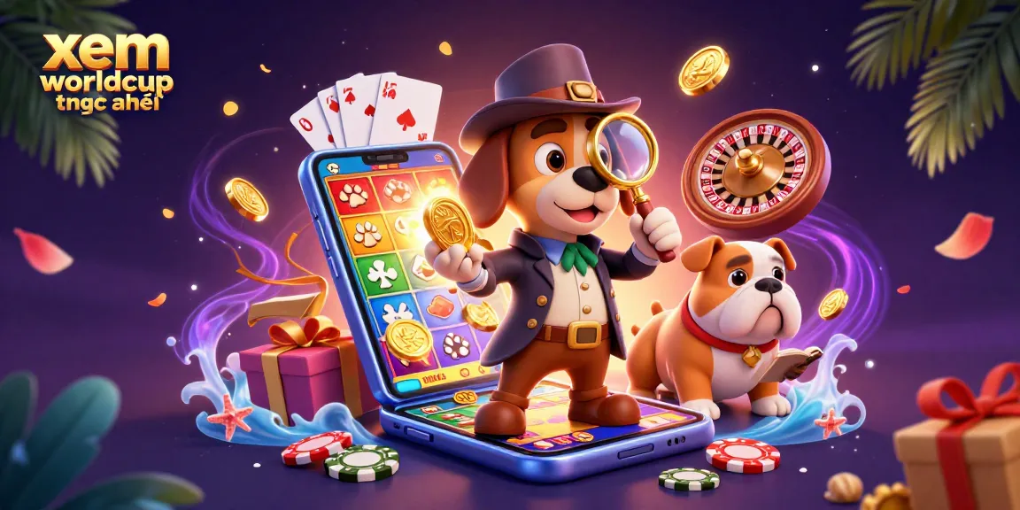 Xem Worldcup trực tuyến with a detective dog exploring poker clues among dynamic gambling elements.