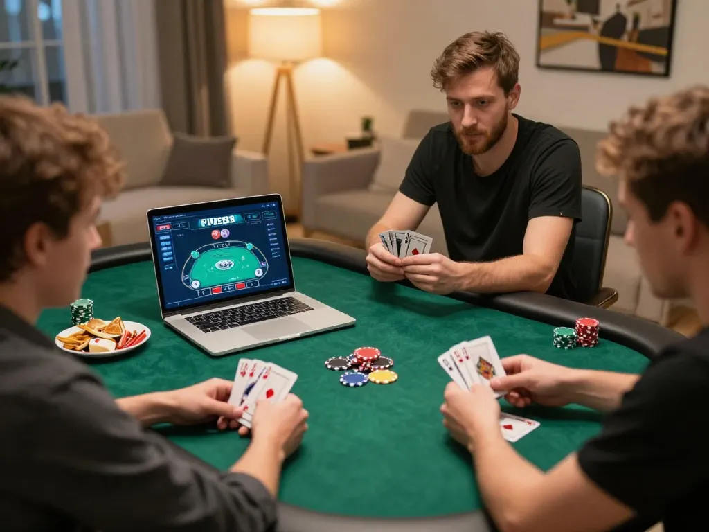 Players strategizing in a home gaming session using the FIVE88 app for online poker