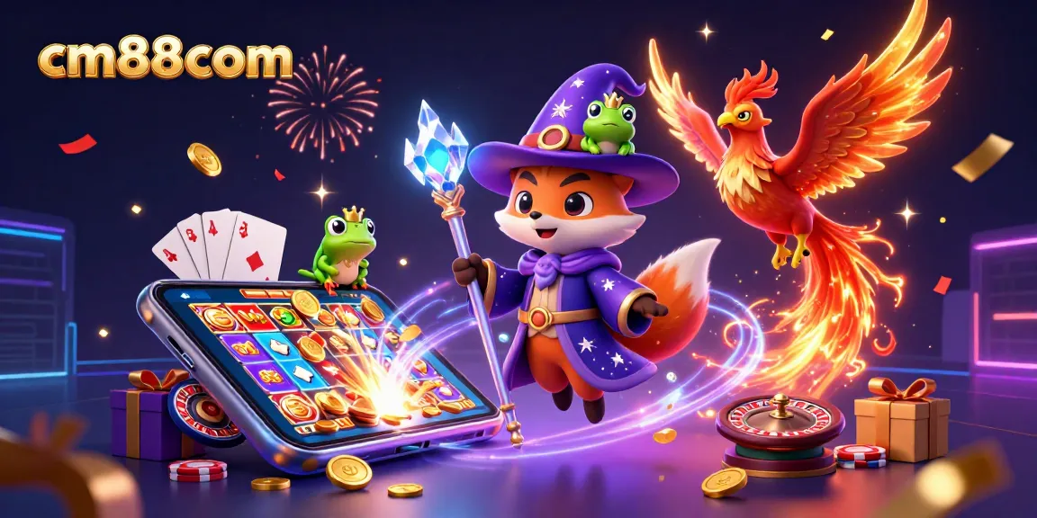 Experience thrilling gameplay with cm88com's enchanting wizard and phoenix illustration, surrounded by vibrant casino elements.