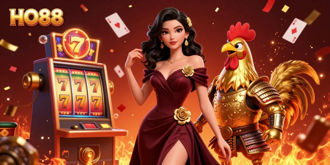 Experience the thrill of gambling with HO88's stunning illustration featuring glamorous characters and vibrant casino elements.