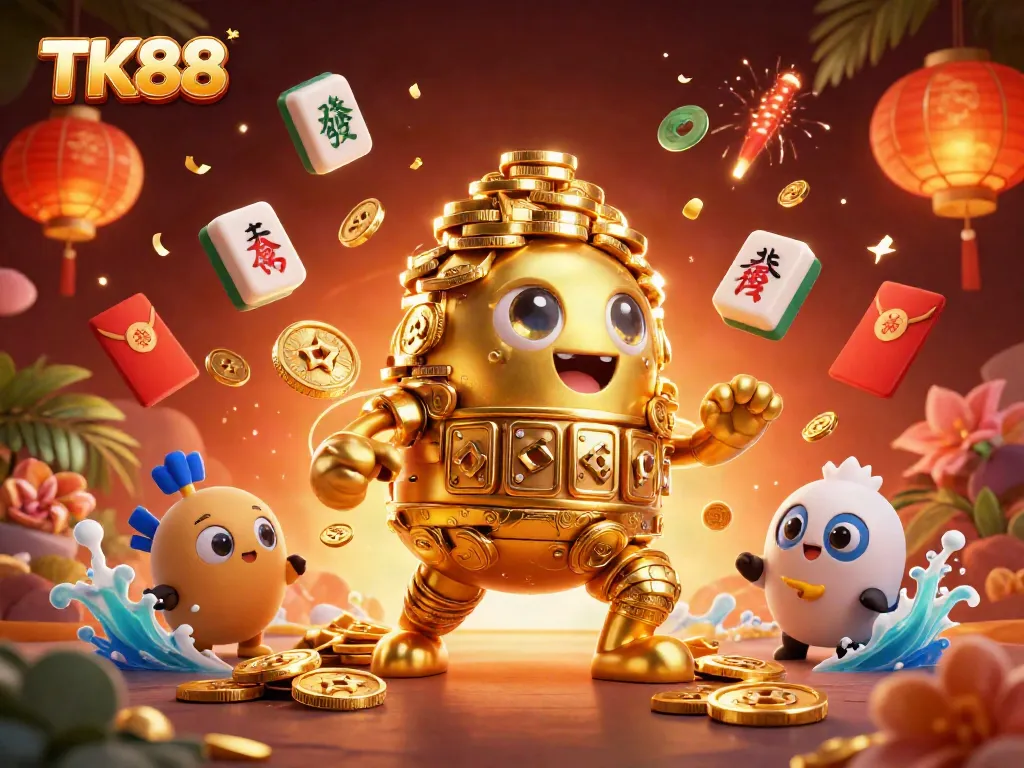 Experience the vibrant excitement of TK88 with a golden golem amidst festive casino elements.