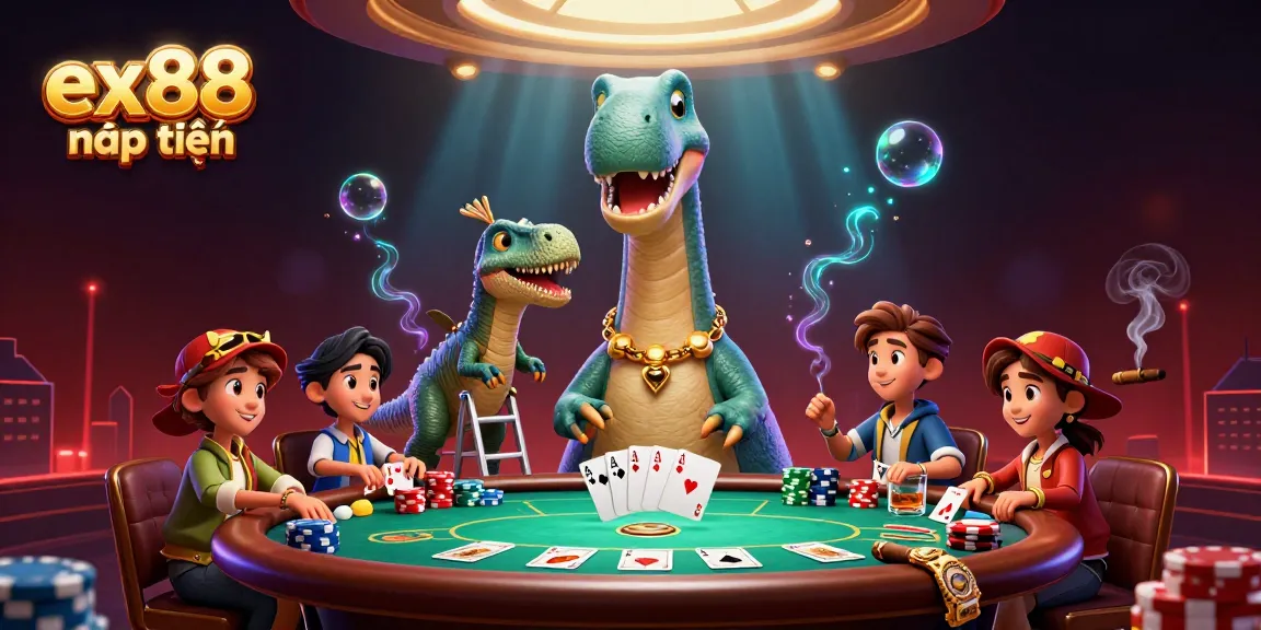 Play poker online with ex88 nạp tiền as a dinosaur and raptor deal cards in a vibrant casino scene.