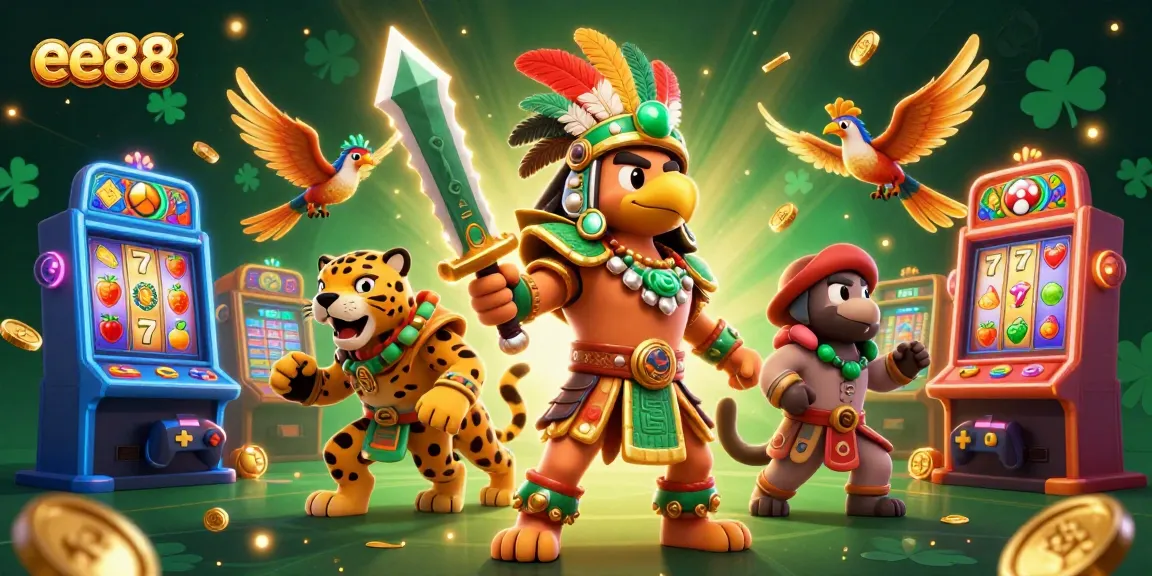 Win big with EE88 featuring Aztec warriors and vibrant slot machines in this dynamic casino illustration