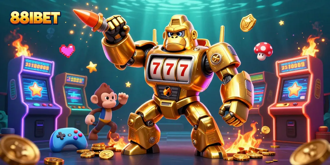 Engage with 88IBET through vibrant illustration of a golden gorilla mech amidst casino elements.