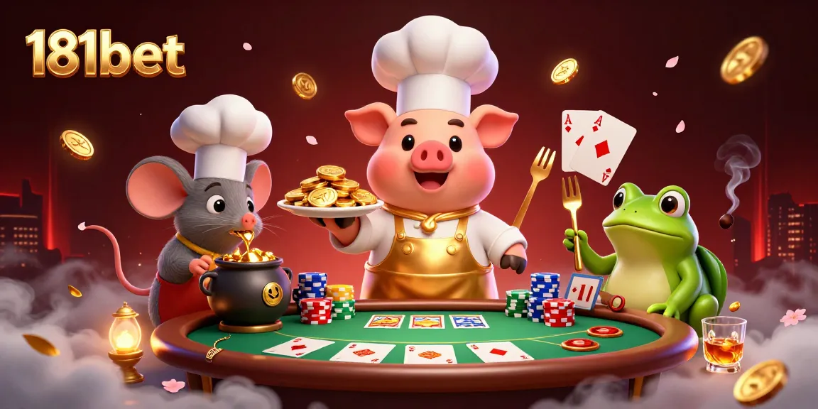 Experience excitement at 181bet with a charming illustration of a chef pig presenting gold coins in a vibrant casino setting.