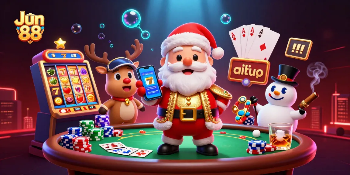 Experience the thrills of Jun 88 with a dynamic casino scene showcasing Santa, reindeer dealers, and slot jackpots.