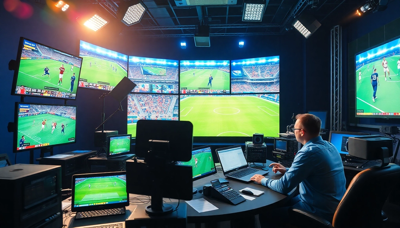 Dynamic sports broadcasting scene showcasing technology and vibrant atmosphere.