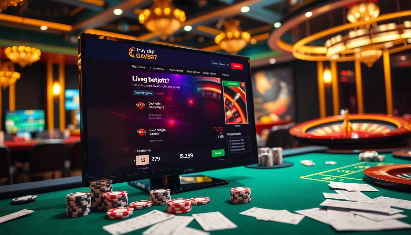 Engaging with the 'truy cập gavb79' site for live cockfighting betting options in a luxurious casino setting.