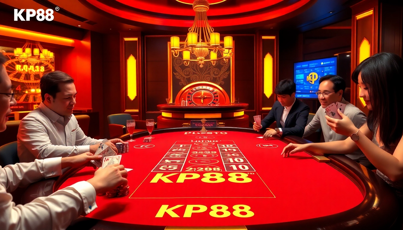 Experience thrilling poker action at KP88 casino with players engaged in high-stakes gameplay.