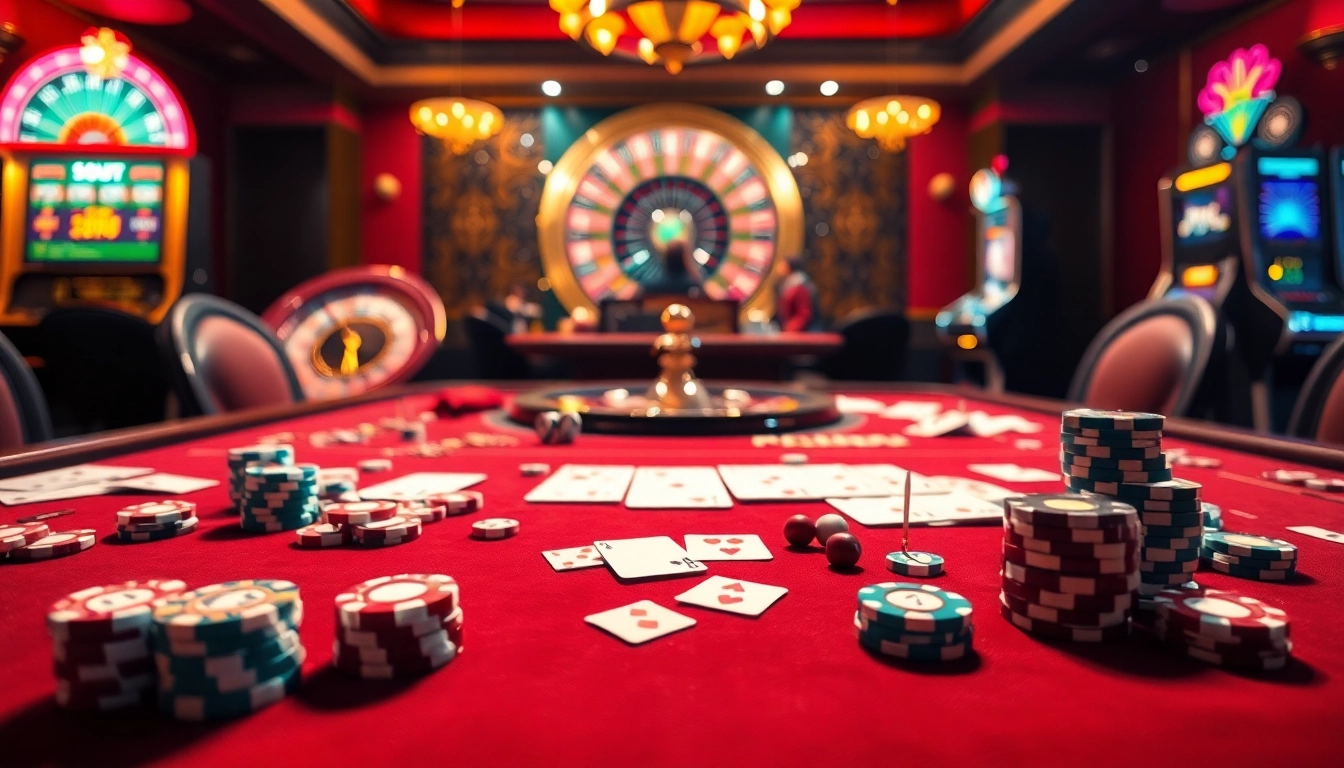 Capture the excitement of ca khia tv in a luxurious casino setting with vibrant gambling elements.