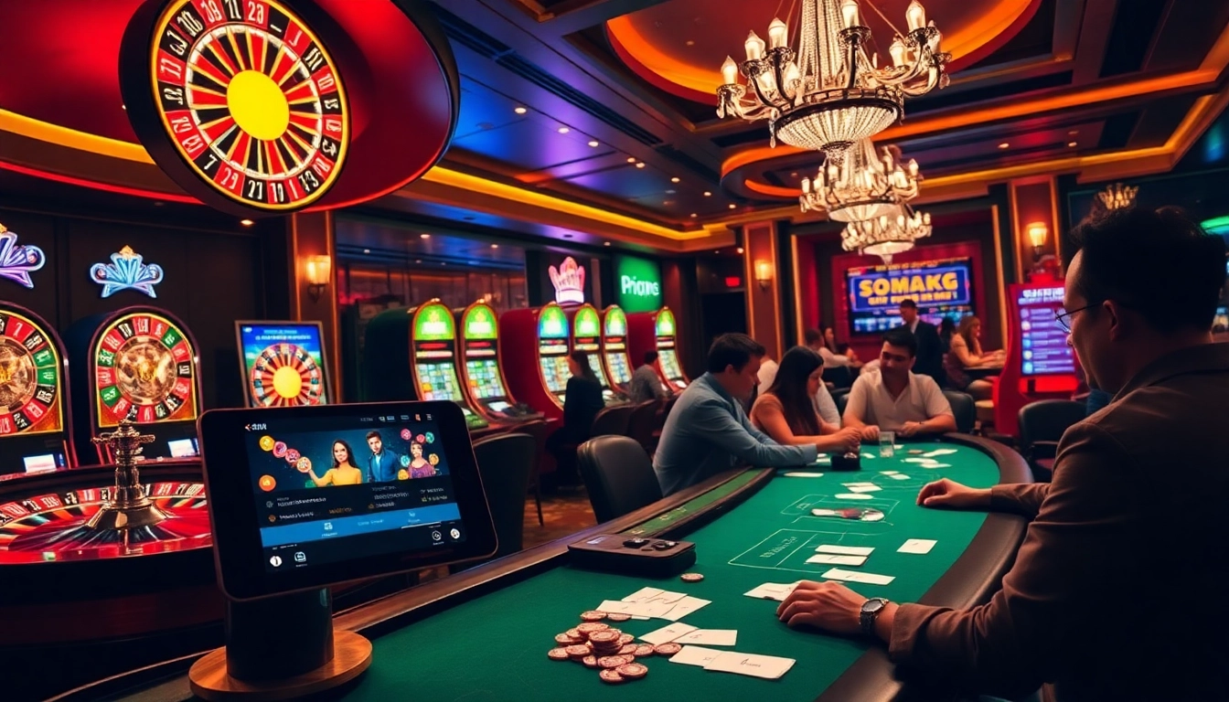 Experience mm88 đăng nhập at a luxurious casino with vibrant slot machines and roulette wheels.