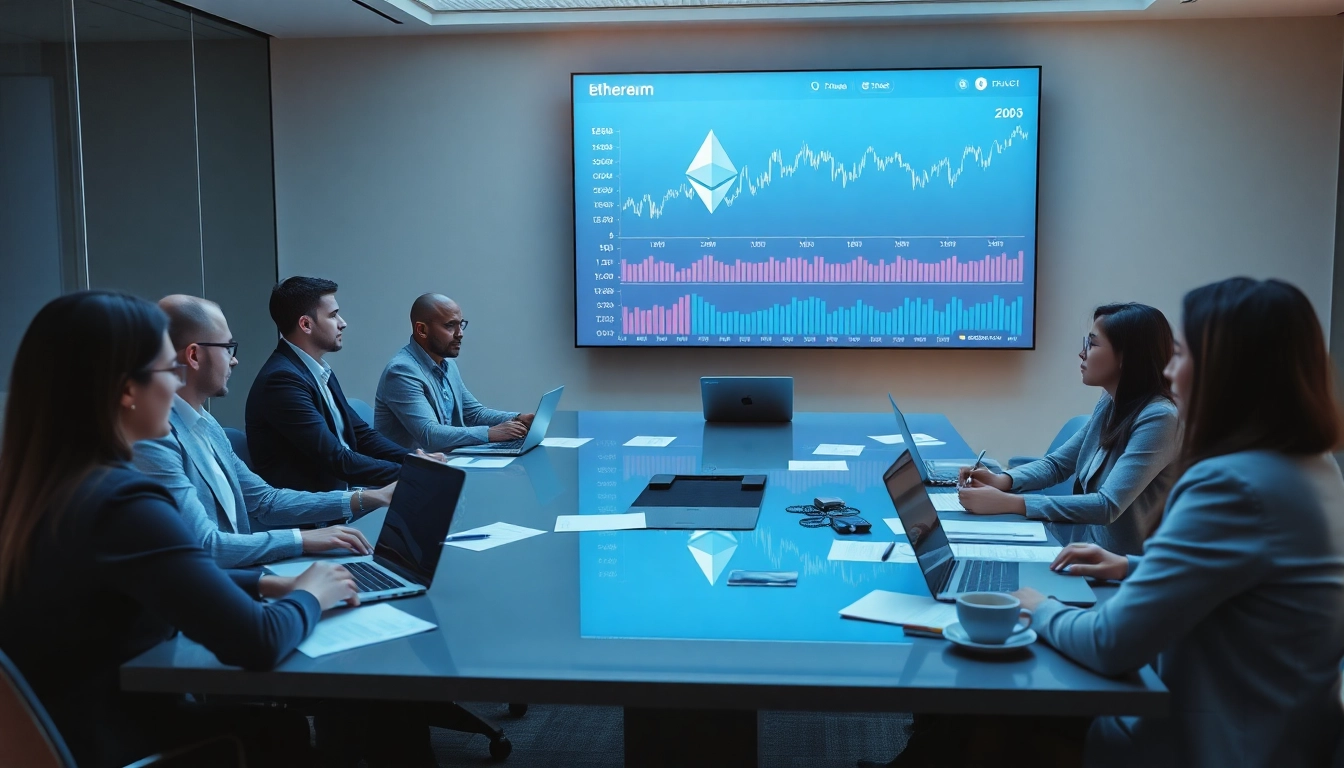 Business meeting discussing Ethereum Certifikat with financial charts and graphs in a modern office.
