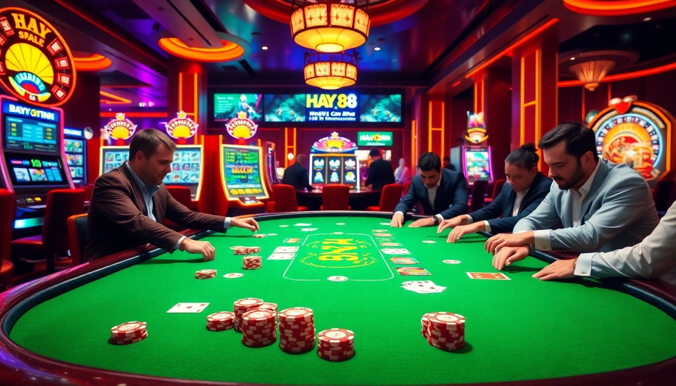HAY 88 players engaging eagerly at a luxury casino table with vibrant poker chips and cards.