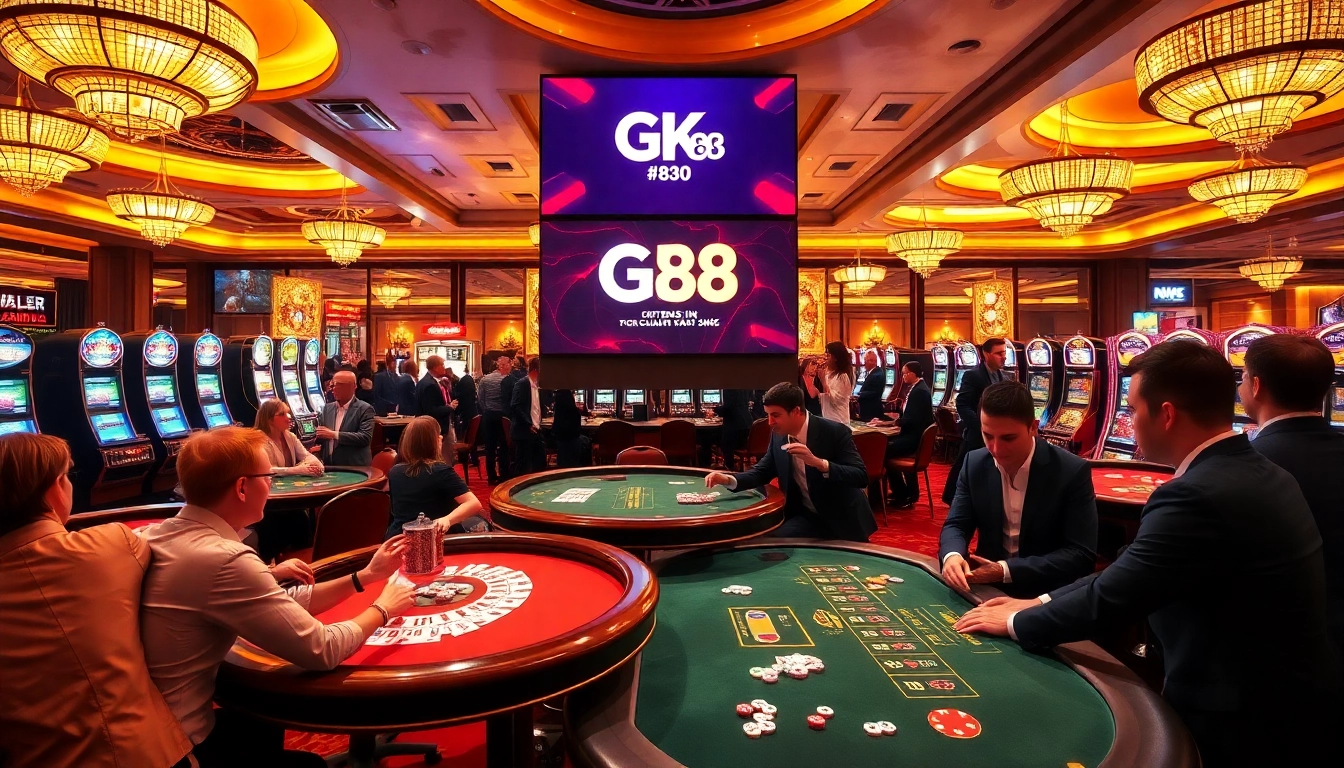 Players enjoying games at the GK 88 casino, showcasing a vibrant casino scene with tables and slot machines.