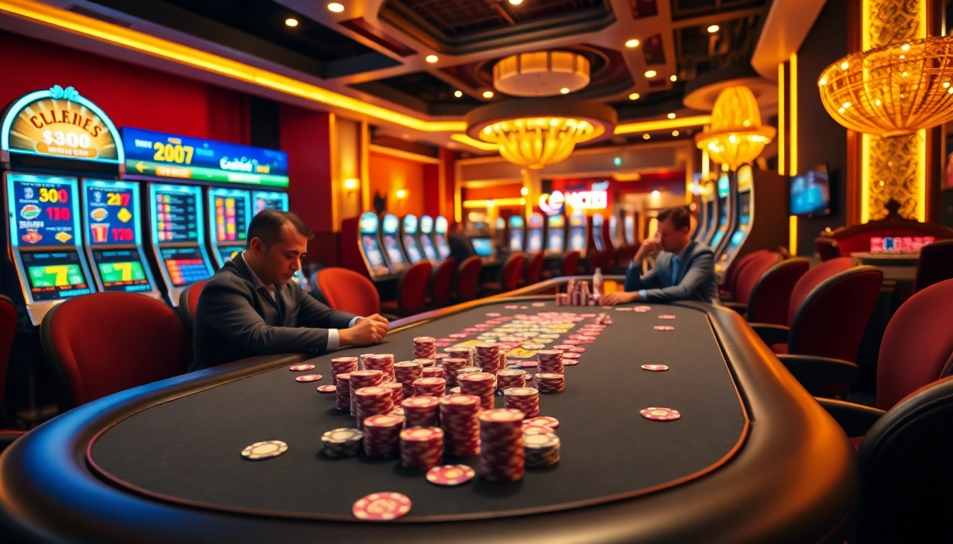 Action-packed casino gaming scene showcasing the excitement of https://f168.vision/ with poker and slot games.