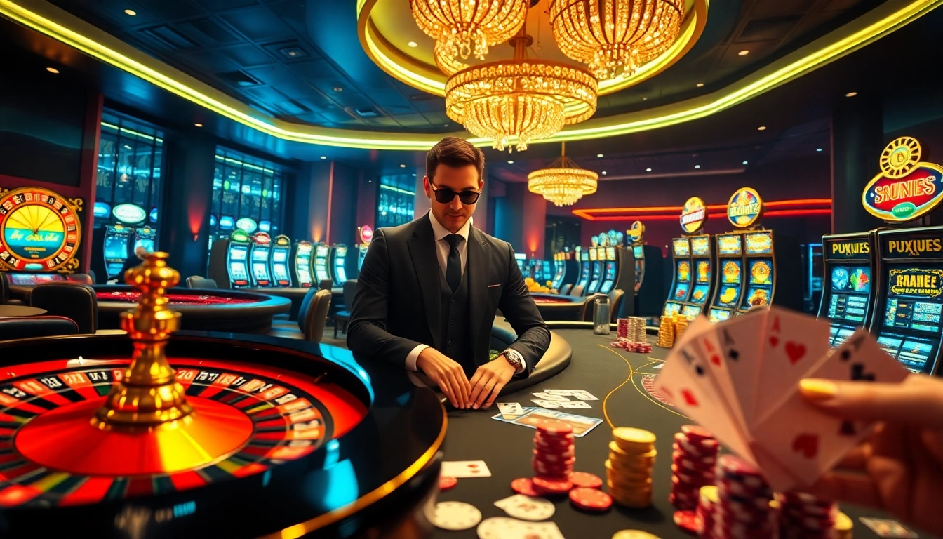 Casino gaming scene illustrating the excitement of trang chủ C168 with tables, cards, and luxury decor.