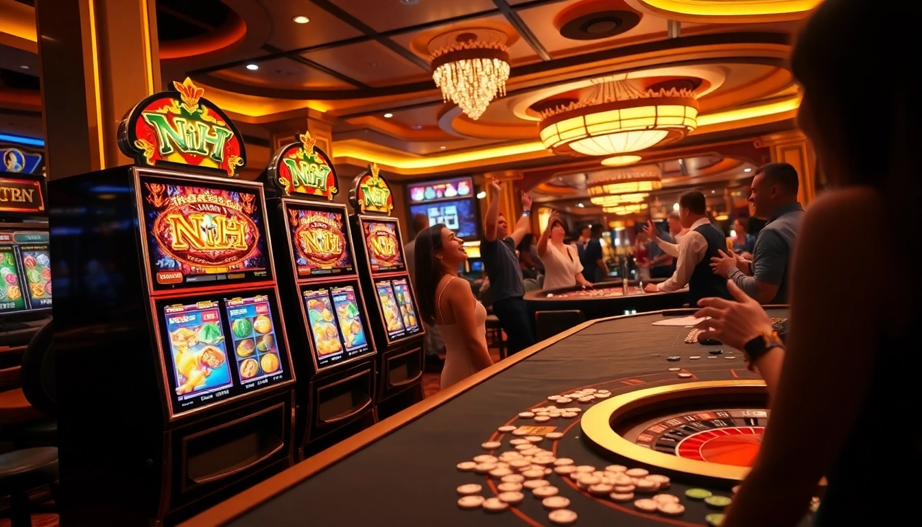 Nổ hũ slot machines illuminating a lively casino environment with excited players celebrating.