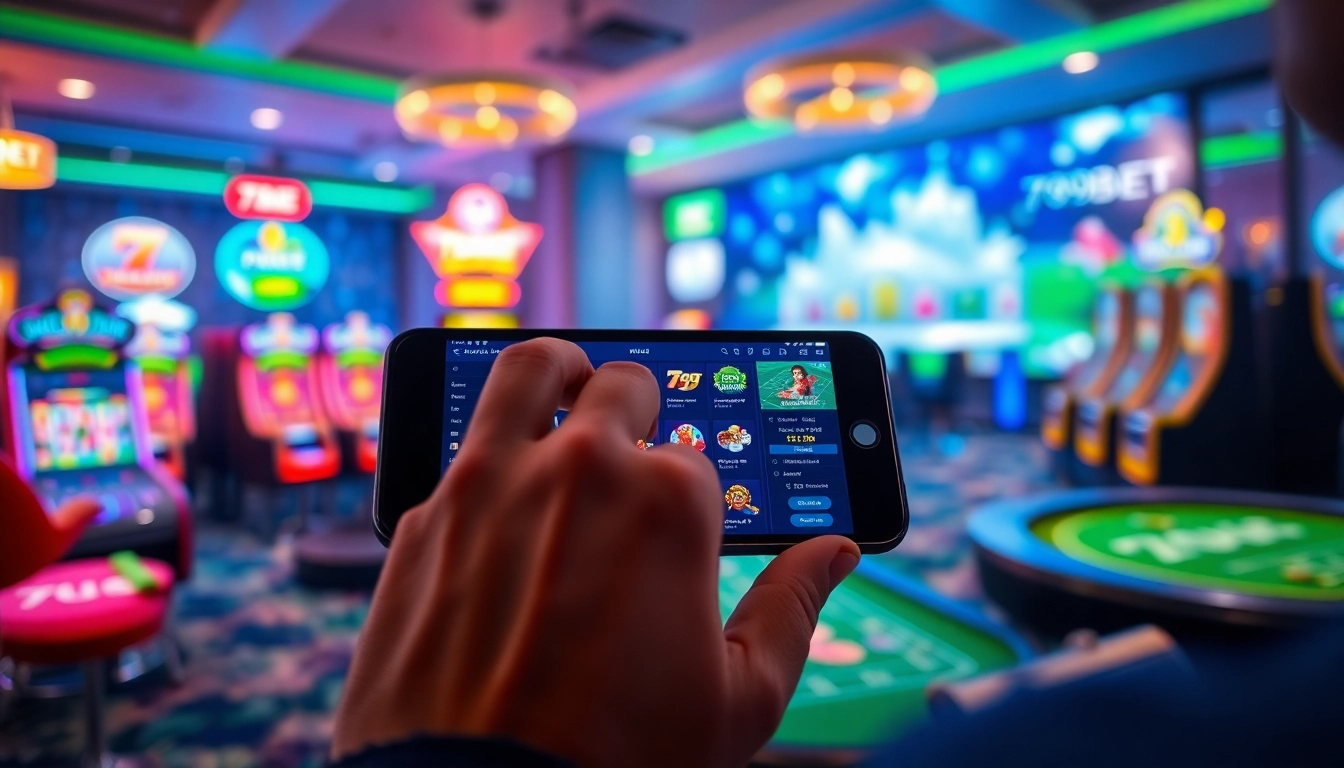 Engaging online gambling scene with players enjoying 789bet on mobile devices, highlighting excitement and user-friendly design.
