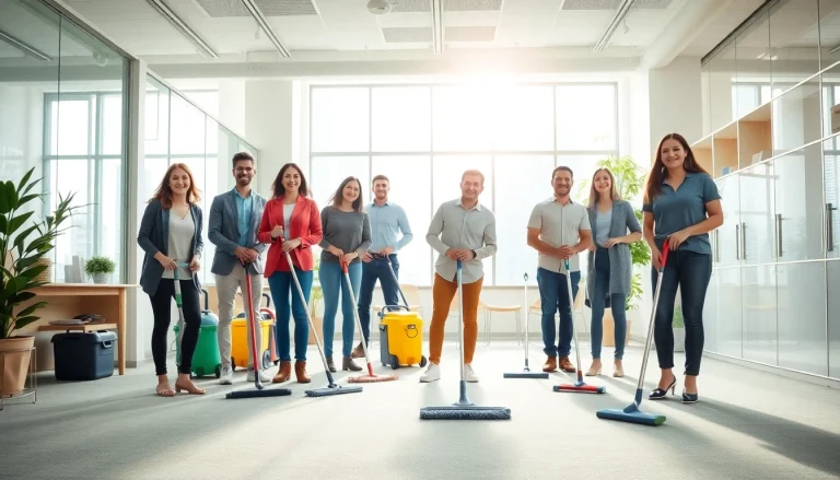 Effektiv städning företag med team i modern kontorsmiljö som arbetar tillsammans.